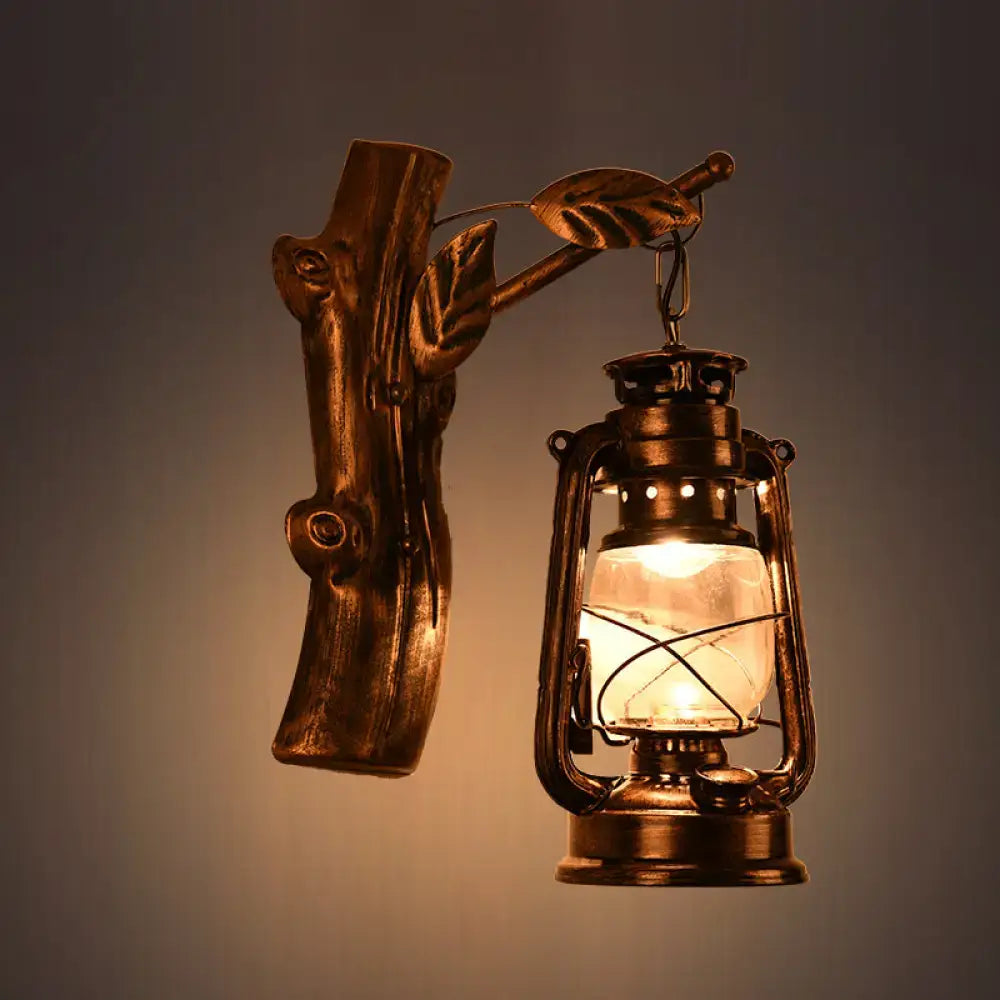 Rustic brass oil lantern wall sconce corridor branch light