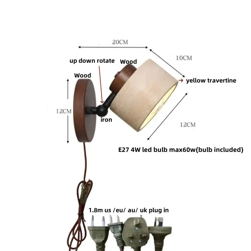 Rustic concrete and dark wood led wall sconce bedroom light