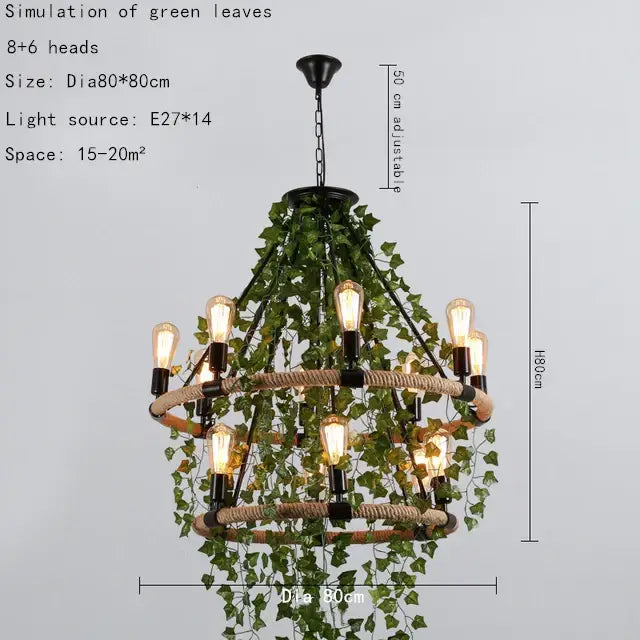 Rustic green leaf chandelier butterfly rope light for bar dining room