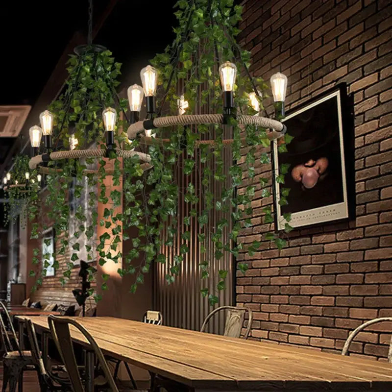 Rustic green leaf chandelier butterfly rope light for bar dining room