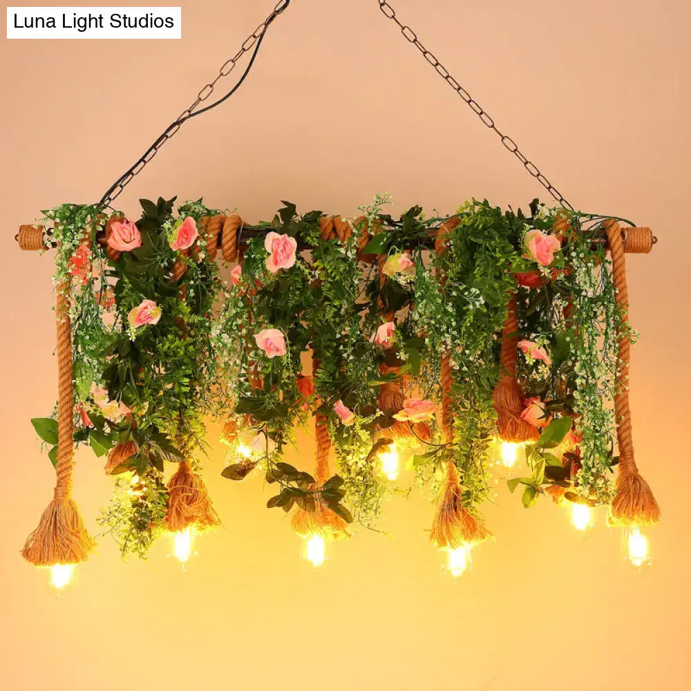 Rustic hemp rope island ceiling light with flowers for dining room