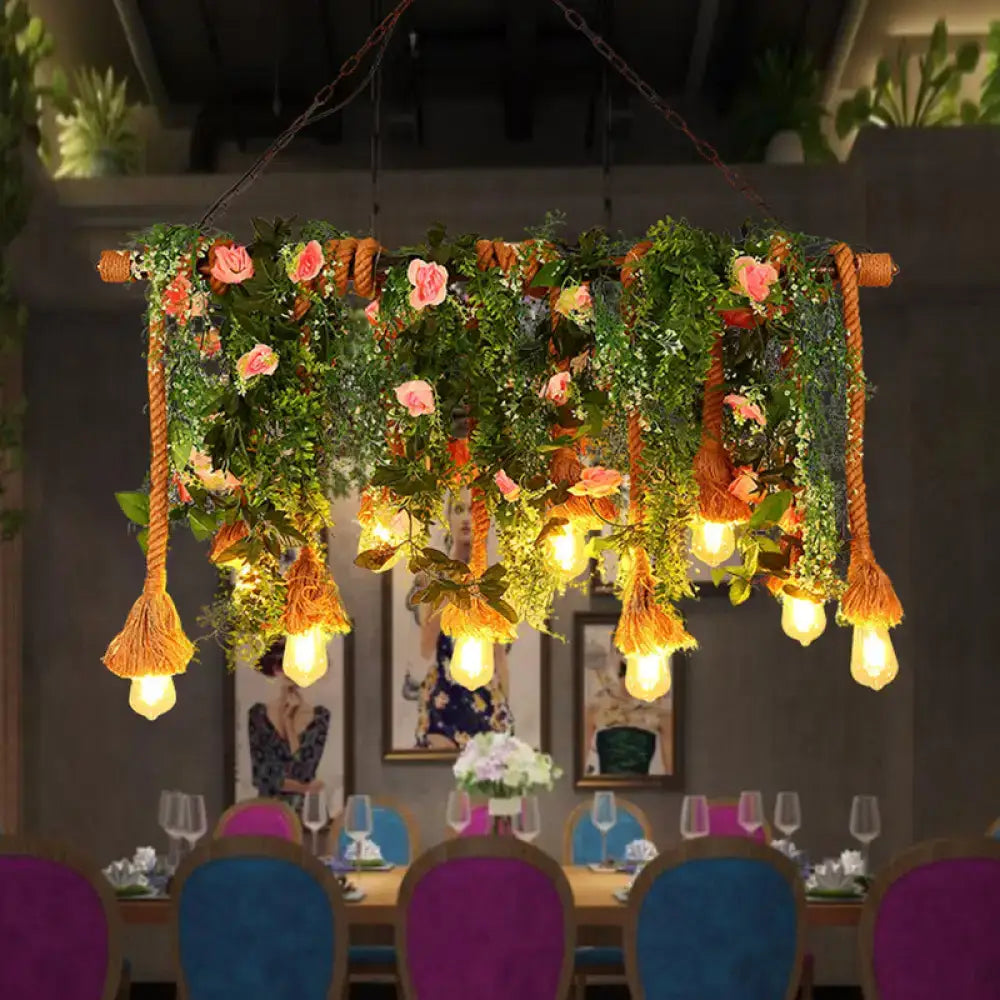 Rustic hemp rope island ceiling light with flowers for dining room