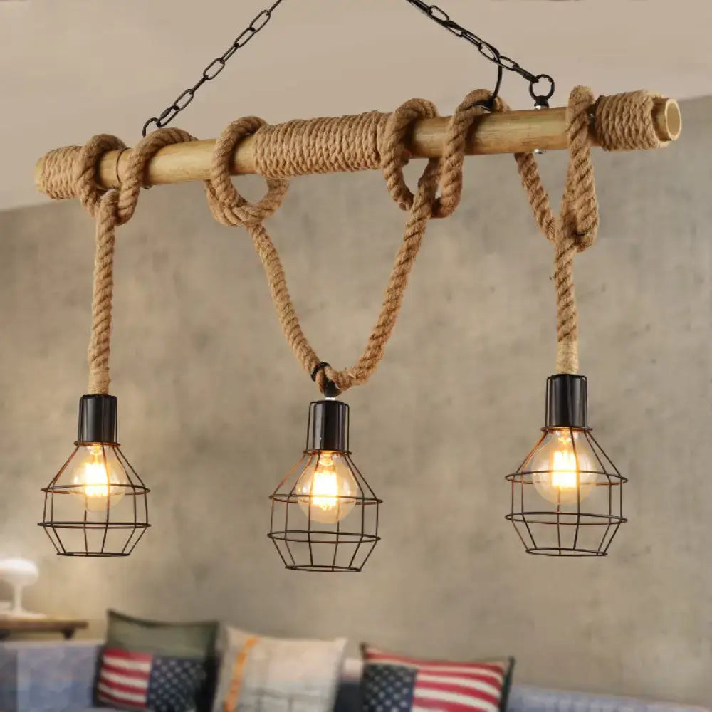 Rustic industrial wood and rope cage island light kitchen pendant