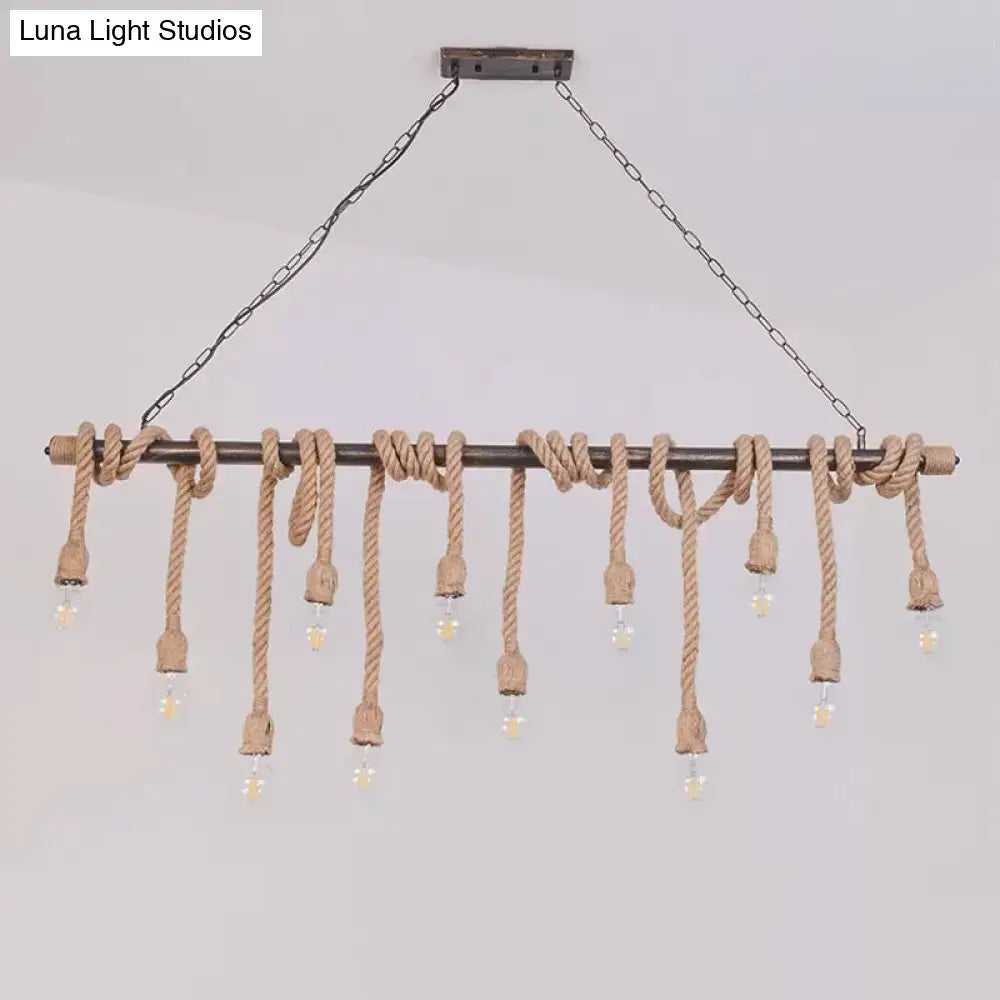 Rustic industrial wood hemp rope exposed bulb pendant light dining room