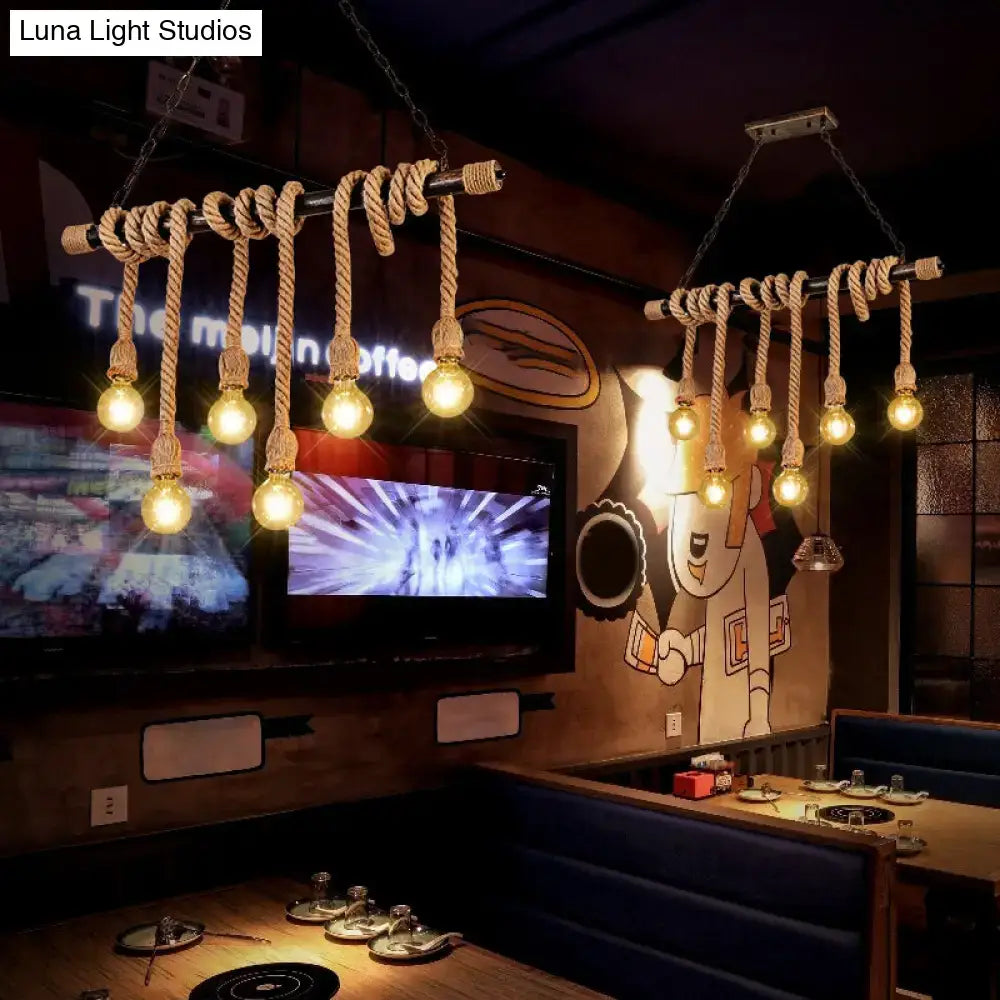 Rustic industrial wood hemp rope exposed bulb pendant light dining room