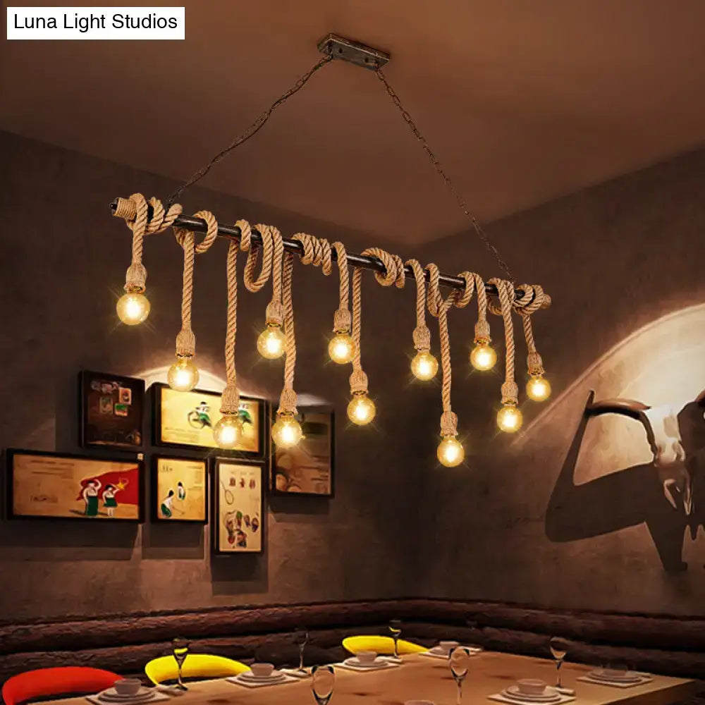 Rustic industrial wood hemp rope exposed bulb pendant light dining room