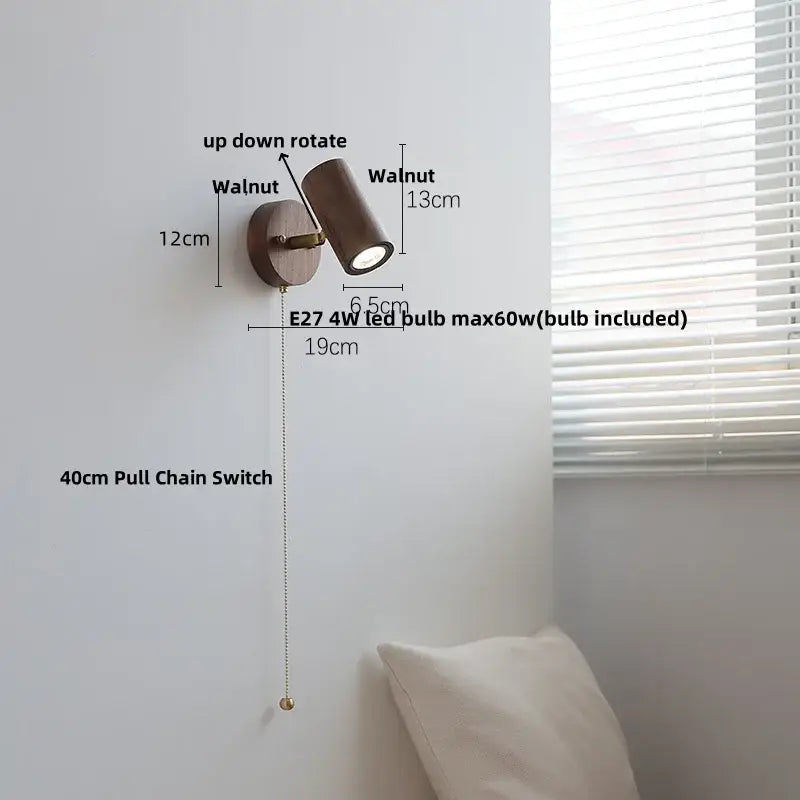 Rustic led walnut wood wall sconce – bedroom pull chain light