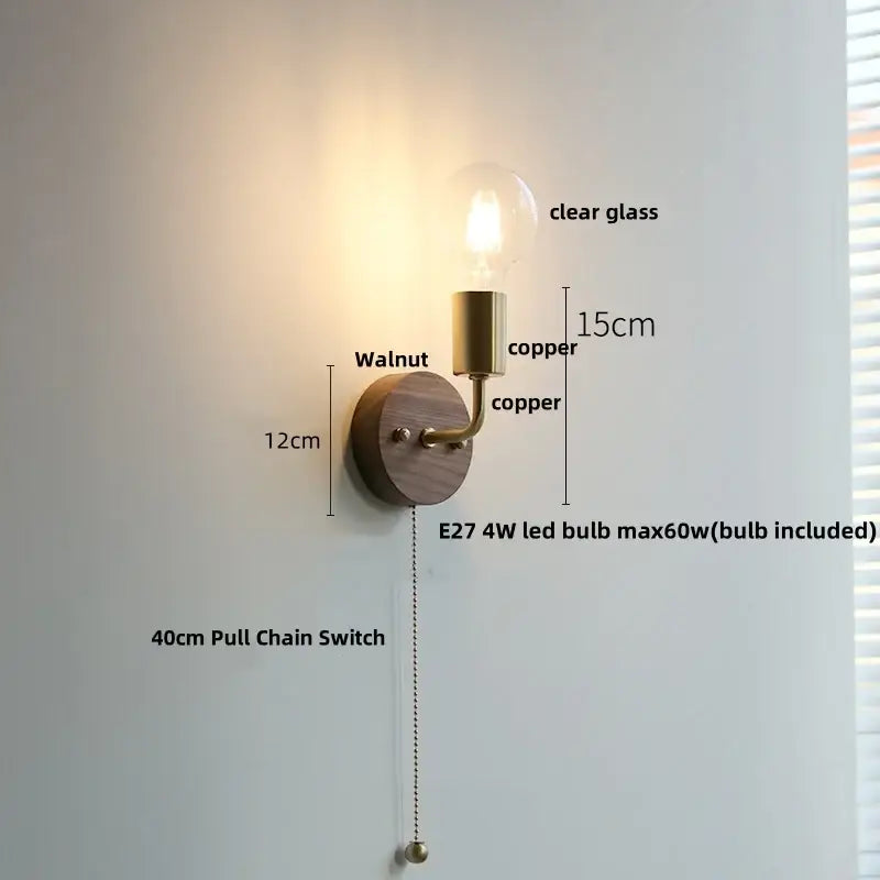 Rustic led walnut wood wall sconce – bedroom pull chain light