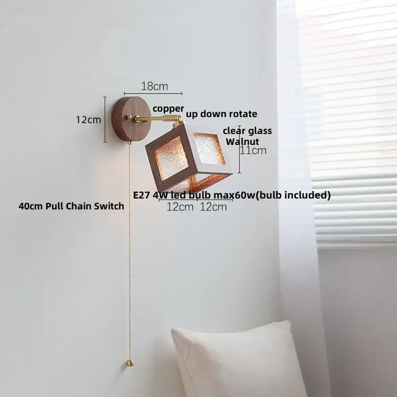 Rustic led walnut wood wall sconce – bedroom pull chain light