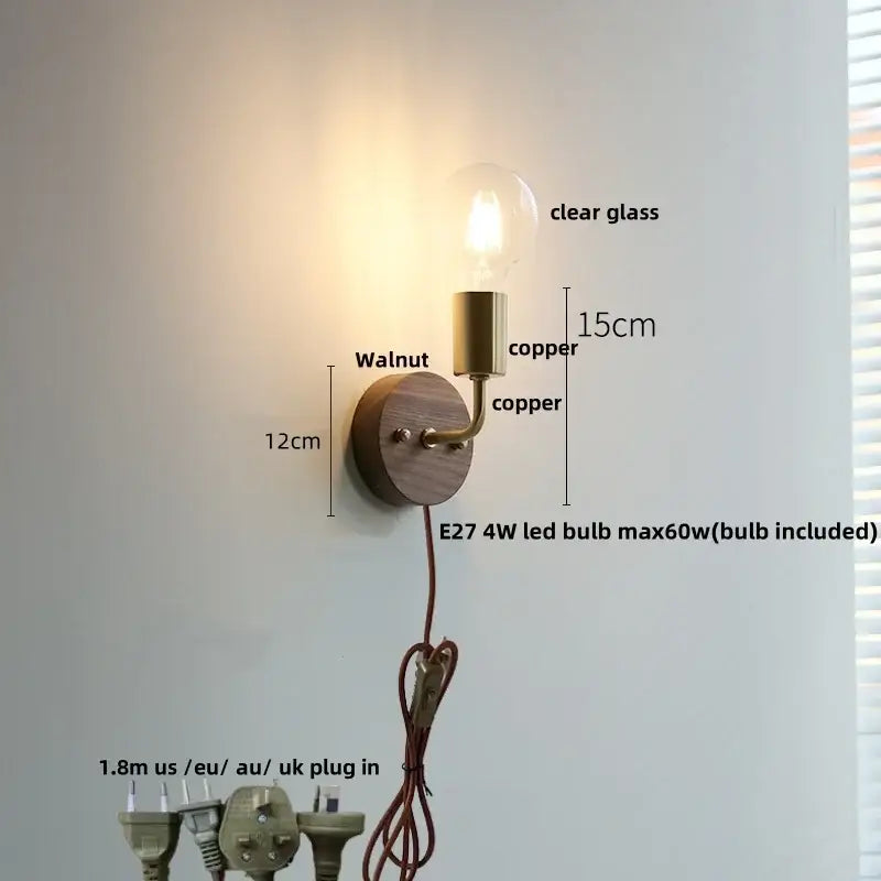 Rustic led walnut wood wall sconce – bedroom pull chain light