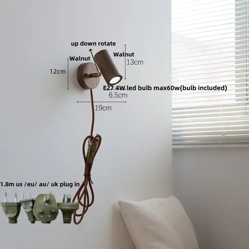 Rustic led walnut wood wall sconce – bedroom pull chain light