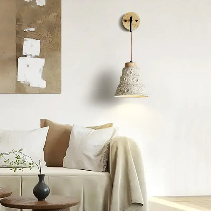 Rustic moon cement led wall lamp bedroom wood base