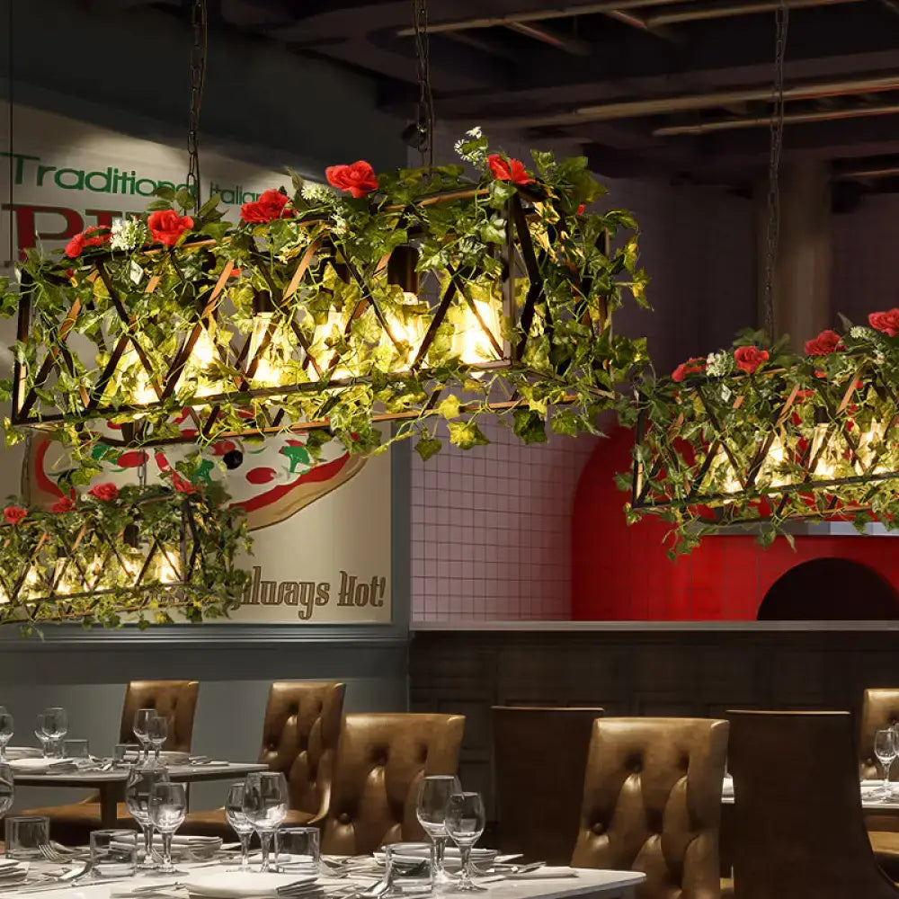Rustic rectangular island flower plant chandelier dining room light