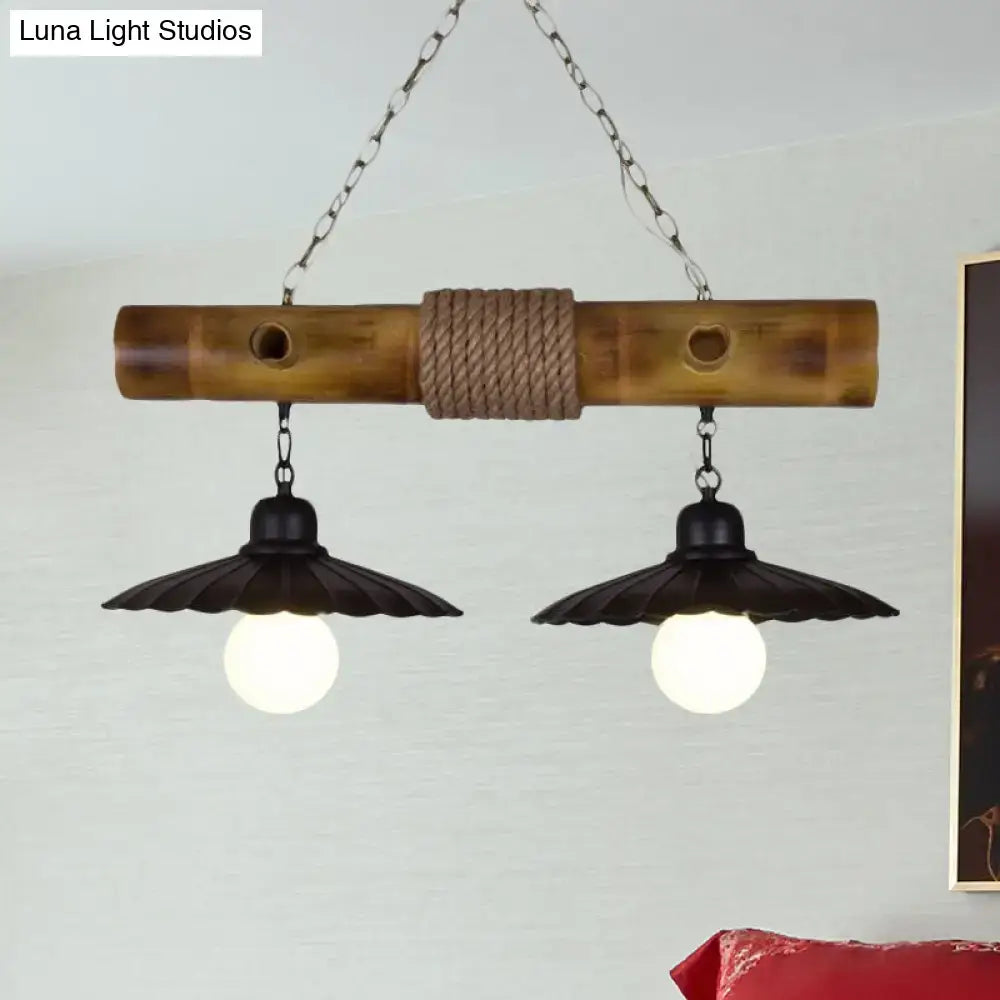 Rustic scalloped hanging lamp black & bamboo dining room light
