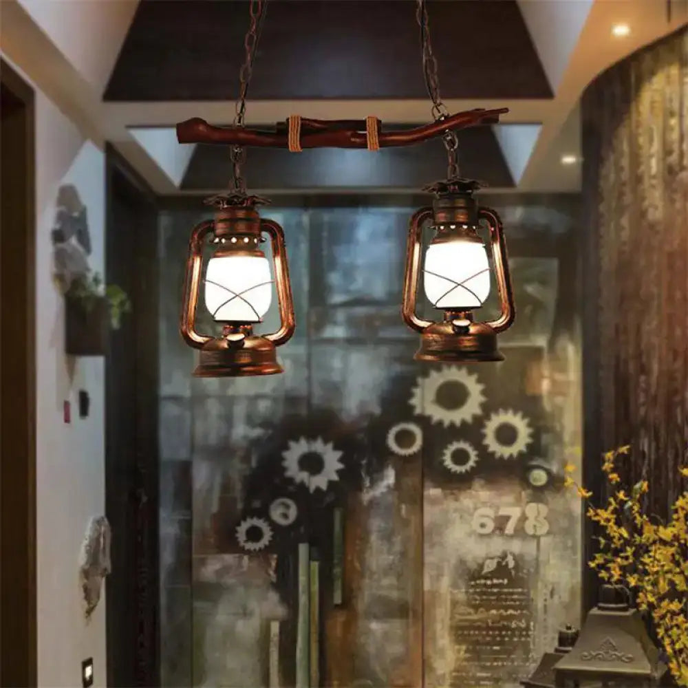 Rustic vintage aged copper 2-light lantern island dining room light