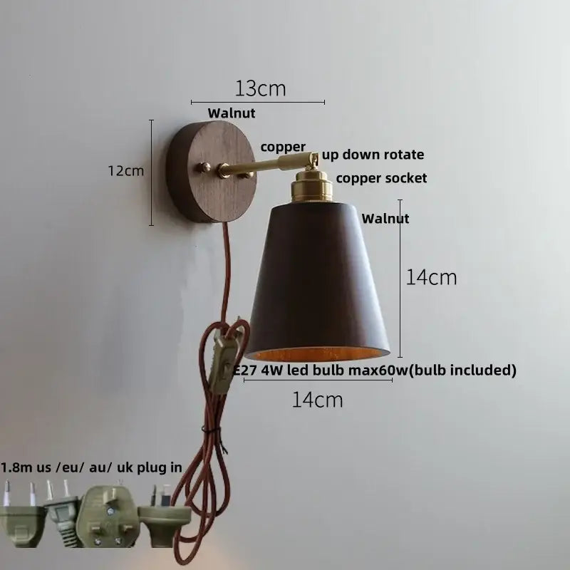 Rustic walnut and brass glass wall light fixture bedroom sconce