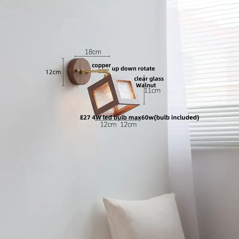 Rustic walnut and brass glass wall light fixture bedroom sconce