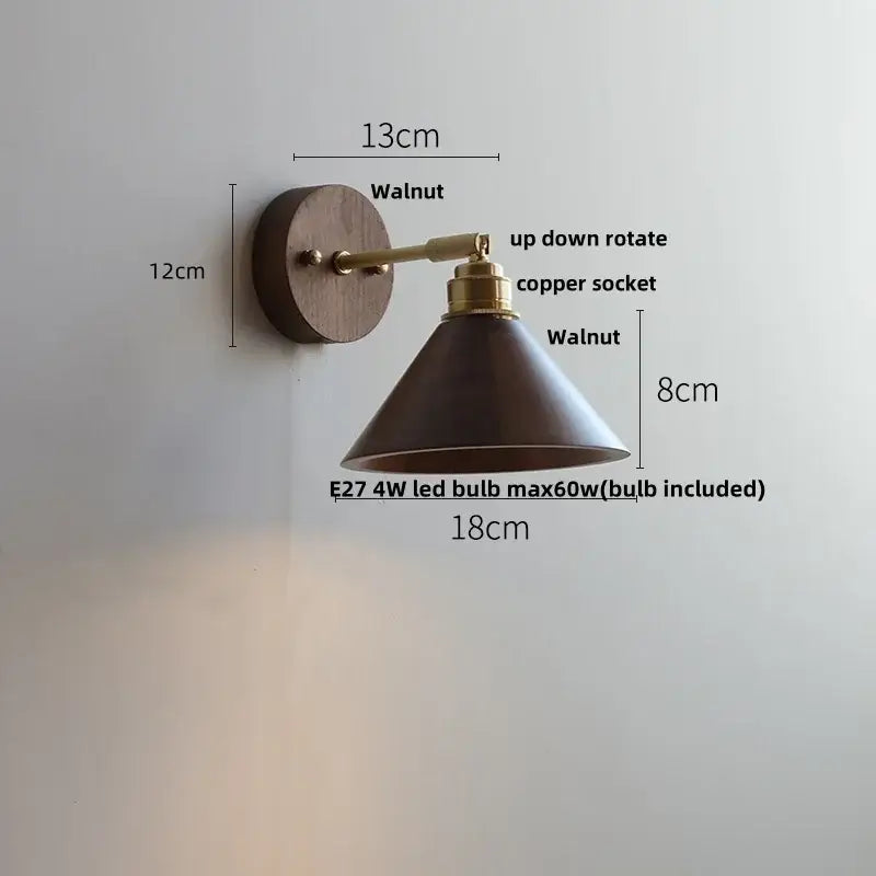 Rustic walnut and brass glass wall light fixture bedroom sconce