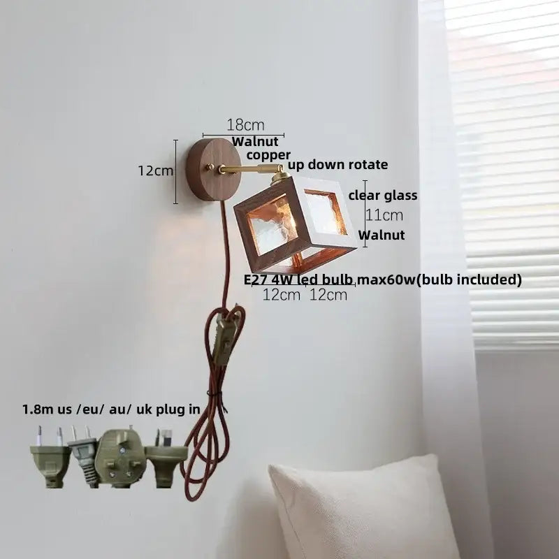 Rustic walnut and brass glass wall light fixture bedroom sconce