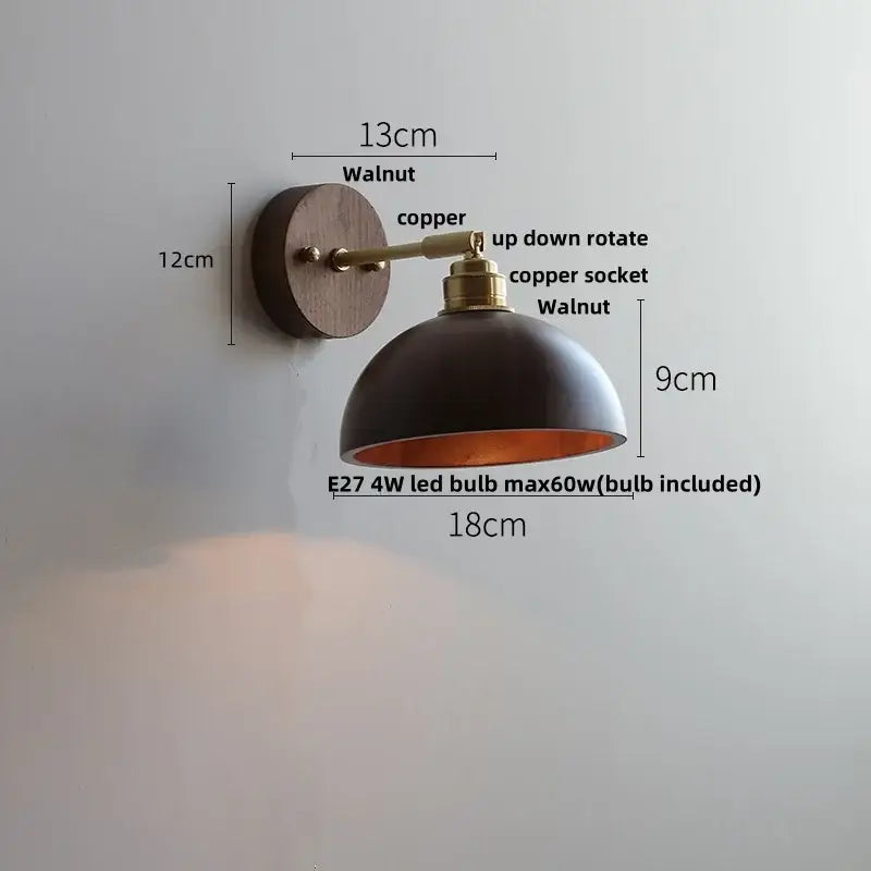 Rustic walnut and brass glass wall light fixture bedroom sconce