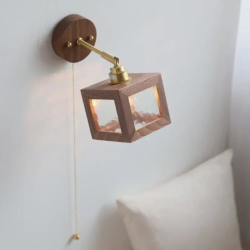 Rustic walnut and brass glass wall light fixture bedroom sconce
