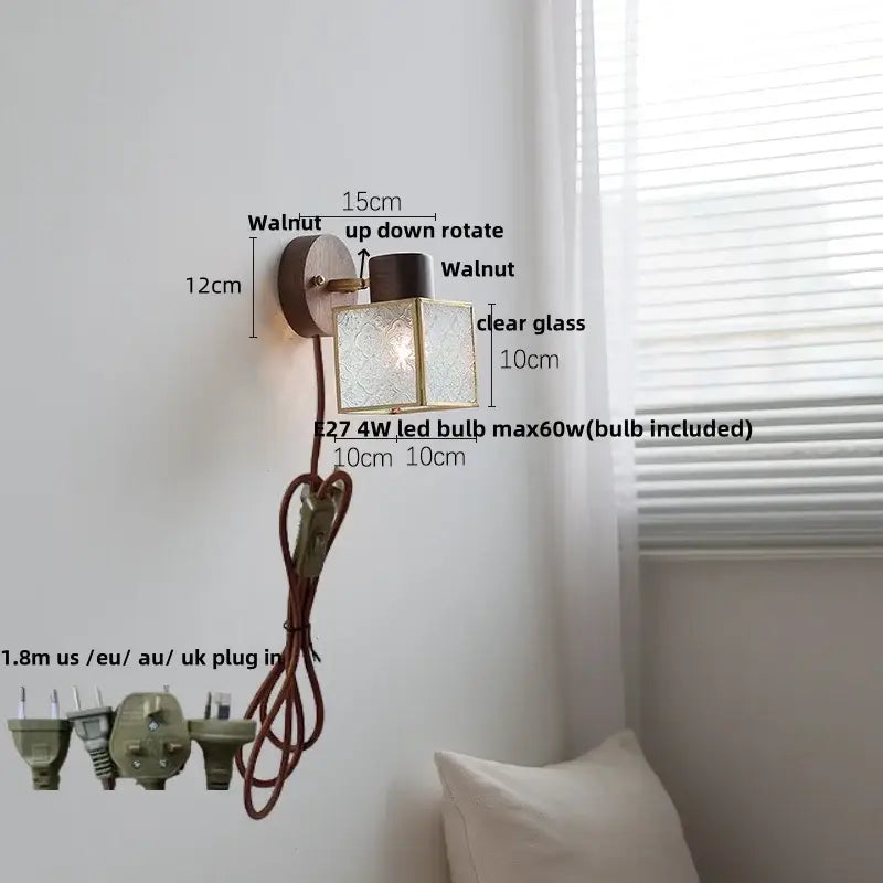 Rustic walnut and brass led wall lamp bedroom textured glass shade