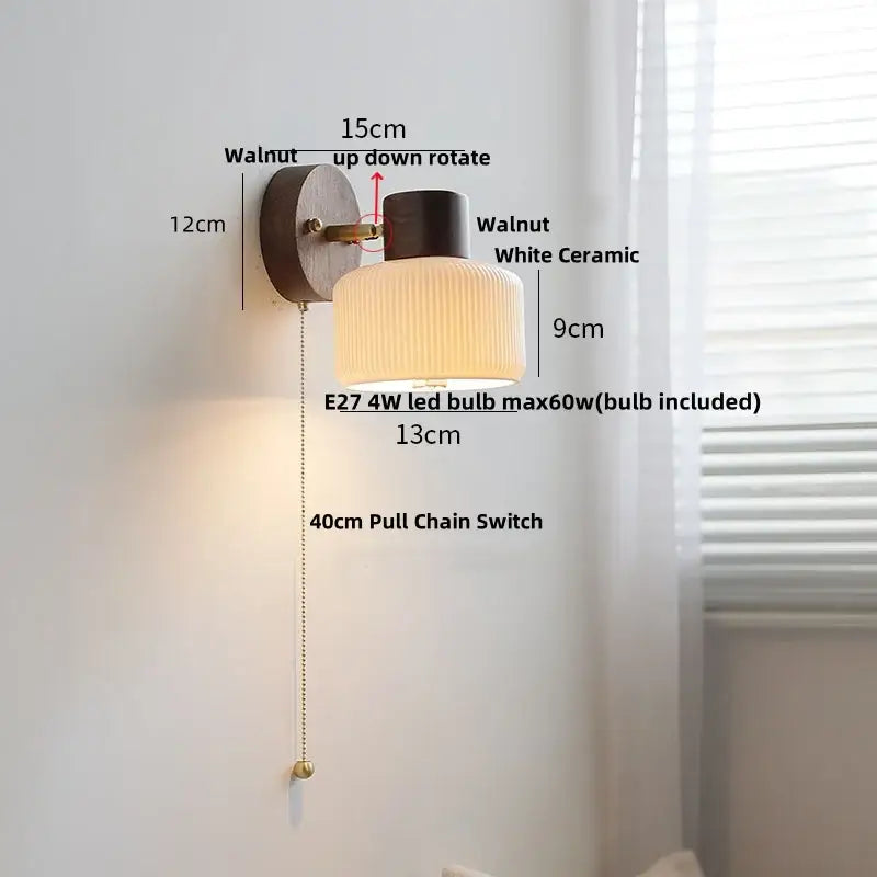 Rustic walnut and brass led wall lamp bedroom textured glass shade
