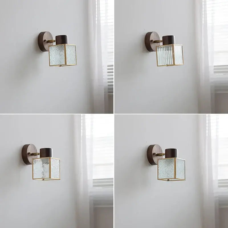 Rustic walnut and brass led wall lamp bedroom textured glass shade