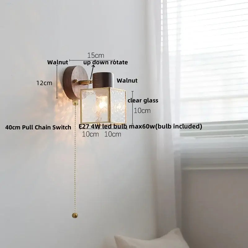 Rustic walnut wood and brass wall sconce bathroom light