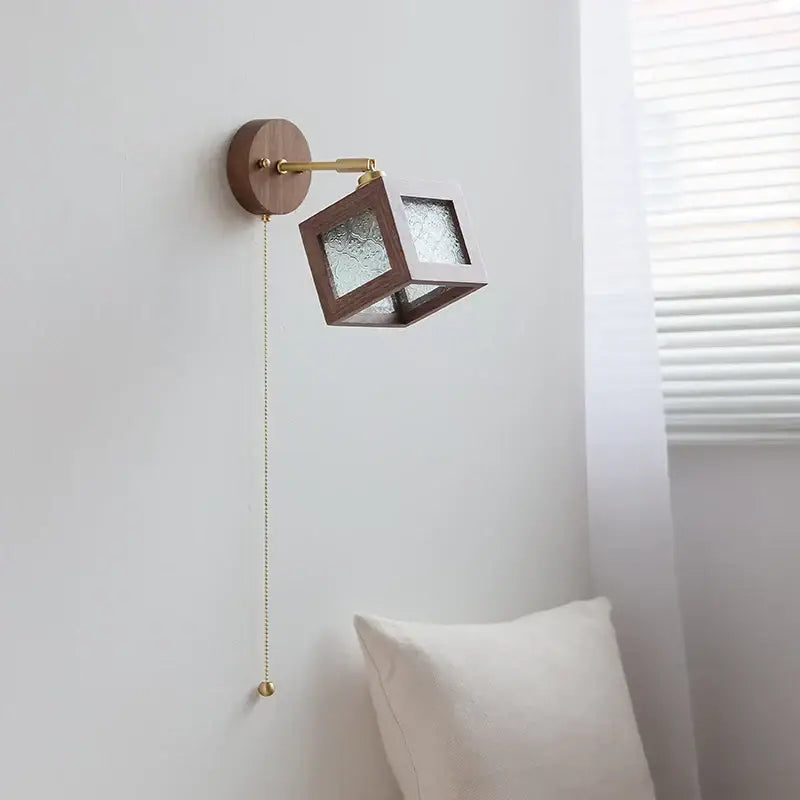 Rustic walnut wood and brass wall sconce bathroom light