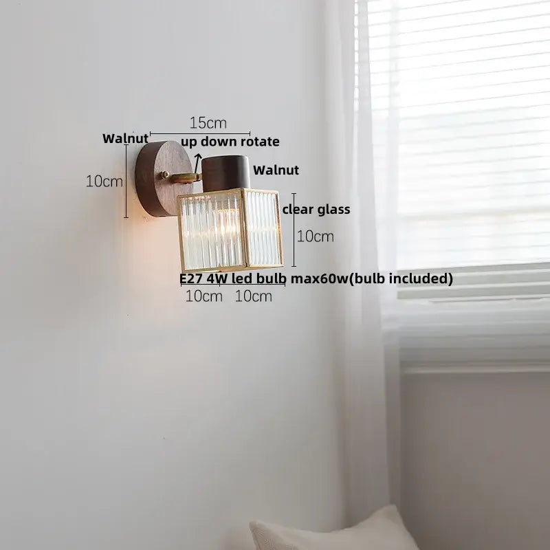 Rustic walnut wood and brass wall sconce bathroom light