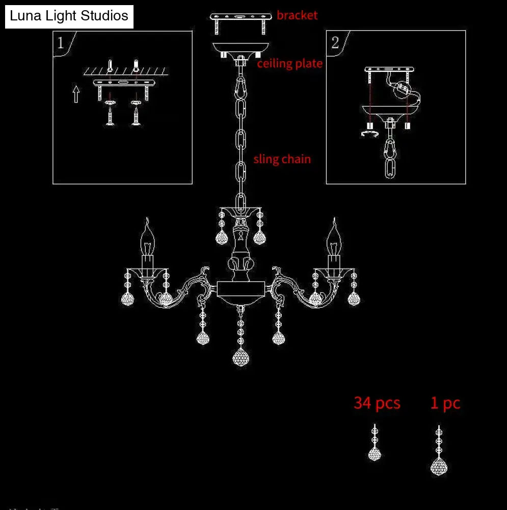 Rustic white candle suspension lamp with crystals corridor chandelier