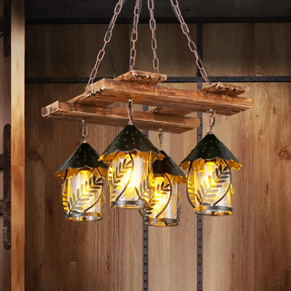 Rustic white fabric clear glass wooden chandelier dining room light