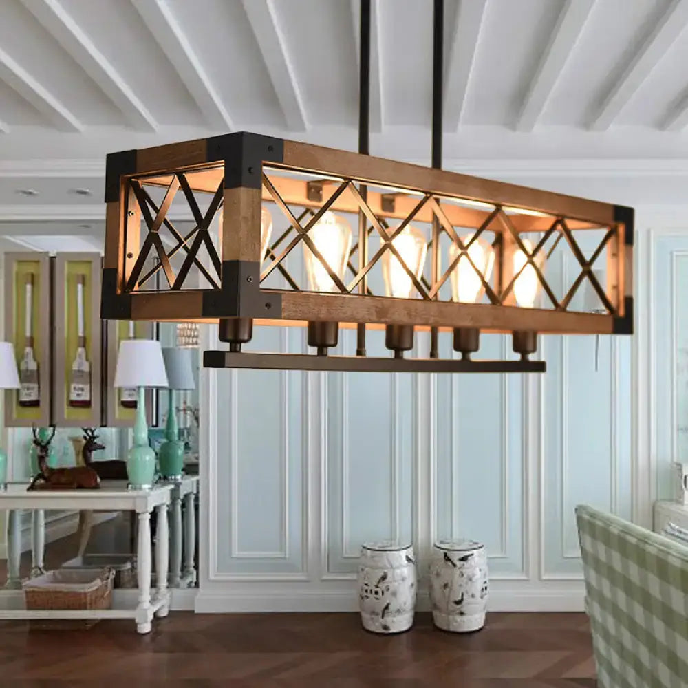 Rustic wood and black metal rectangle pendant light dining room