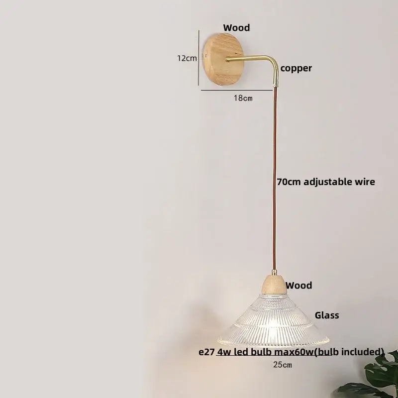 Rustic wood and brass wall light with clear glass pull chain switch