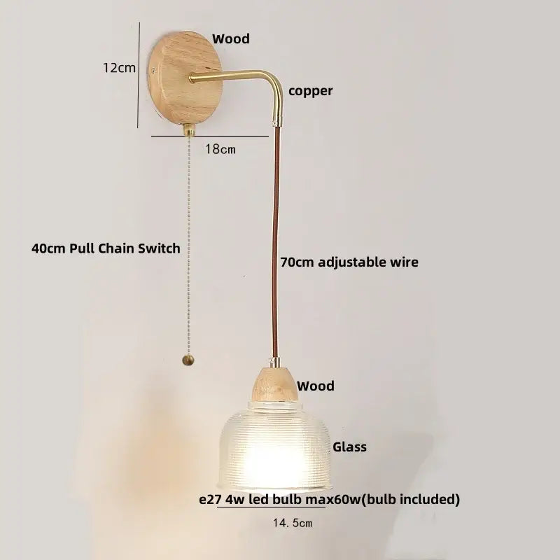 Rustic wood and brass wall light with clear glass pull chain switch