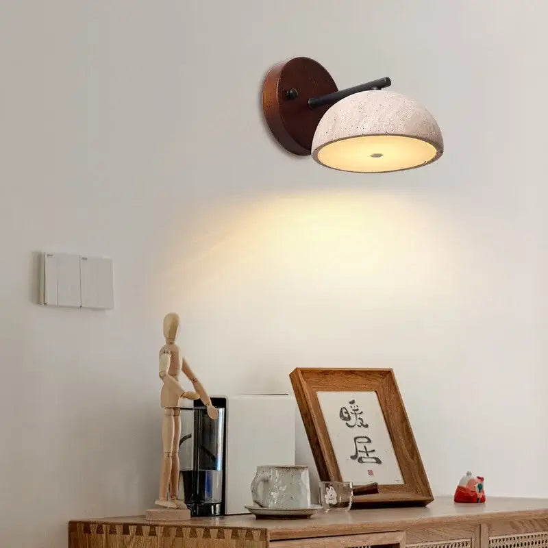 Rustic wood and concrete canopy led wall light bedroom sconce