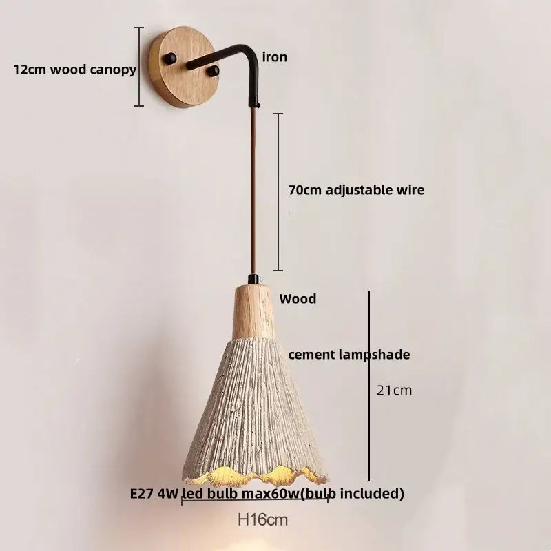 Rustic wood and gray cement led wall light bedroom sconce