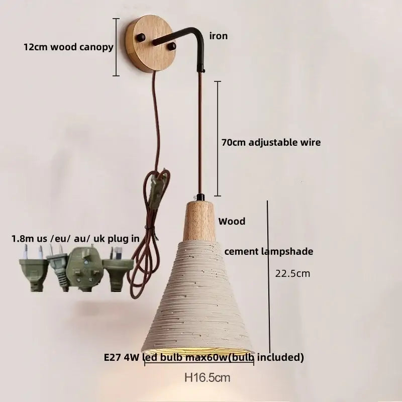 Rustic wood and gray wall light fixture bedroom sconce with pull chain