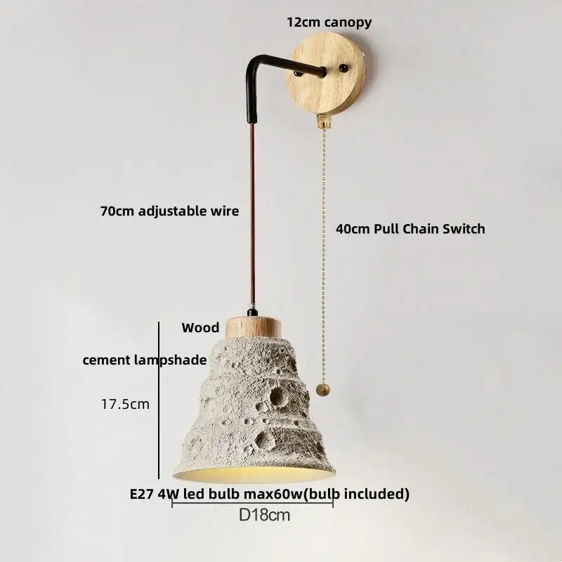 Rustic wood and gray wall light fixture bedroom sconce with pull chain