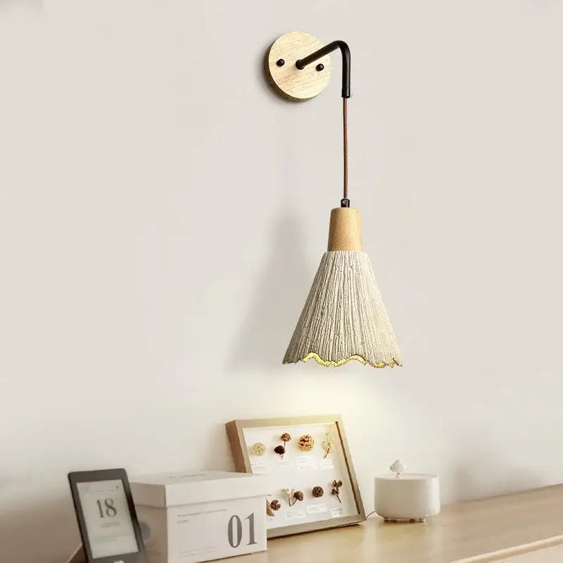 Rustic wood and gray wall light fixture bedroom sconce with pull chain