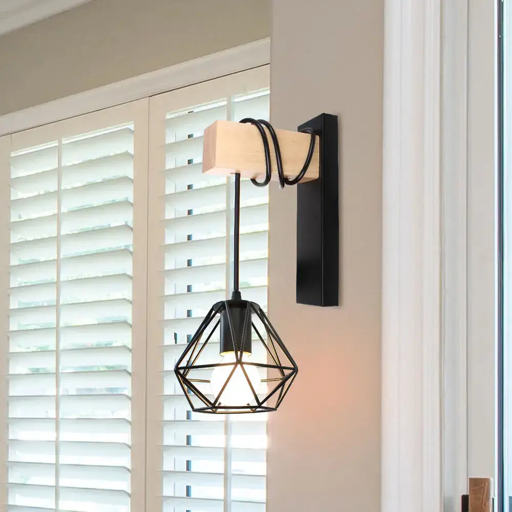 Rustic wood and iron wall sconce bedroom cage guard light