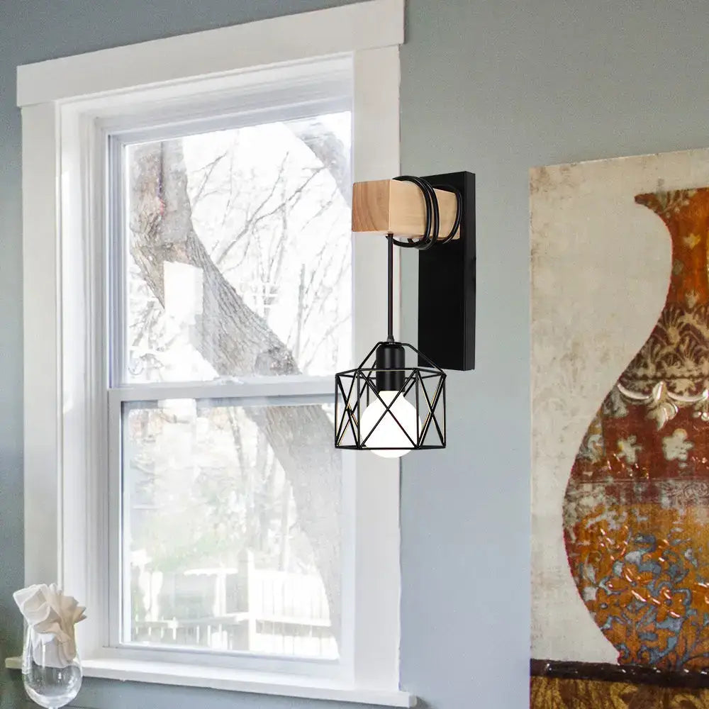 Rustic wood and iron wall sconce bedroom cage guard light