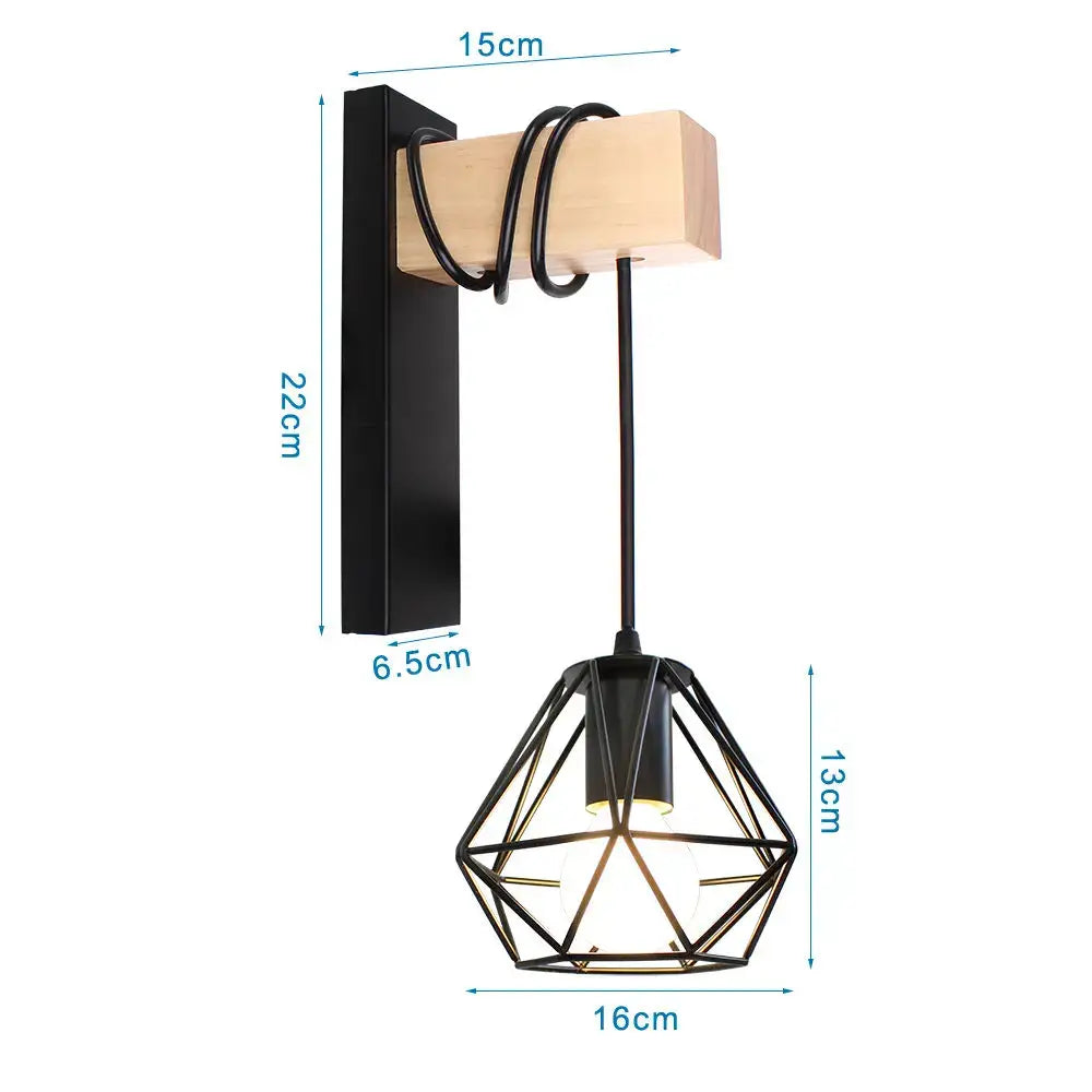 Rustic wood and iron wall sconce bedroom cage guard light