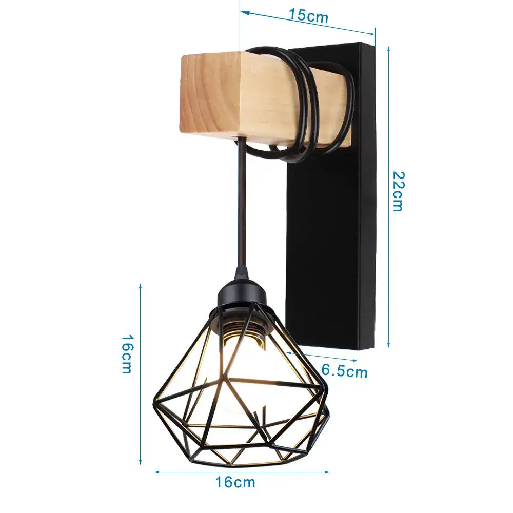 Rustic wood and iron wall sconce bedroom cage guard light