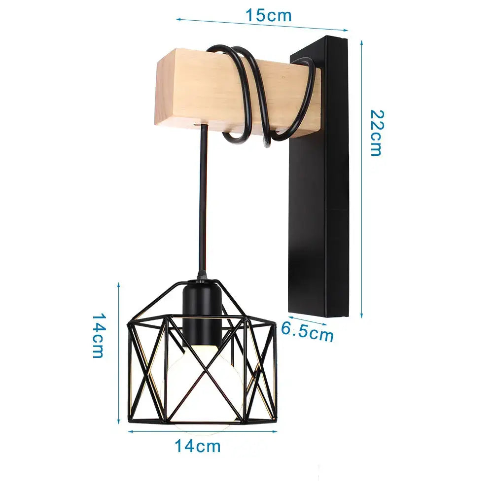 Rustic wood and iron wall sconce bedroom cage guard light