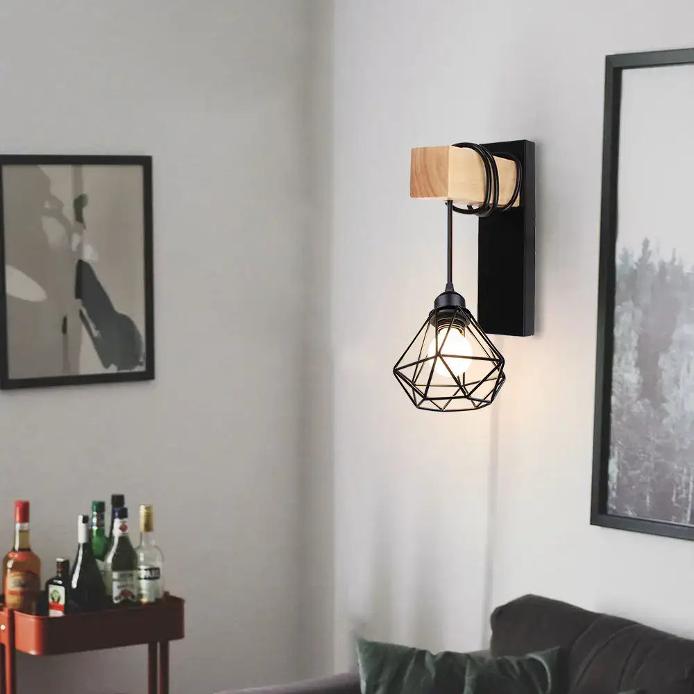 Rustic wood and iron wall sconce bedroom cage guard light