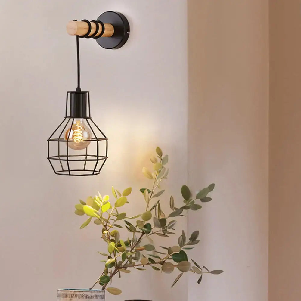 Rustic wood and iron wall sconce bedroom cage guard light
