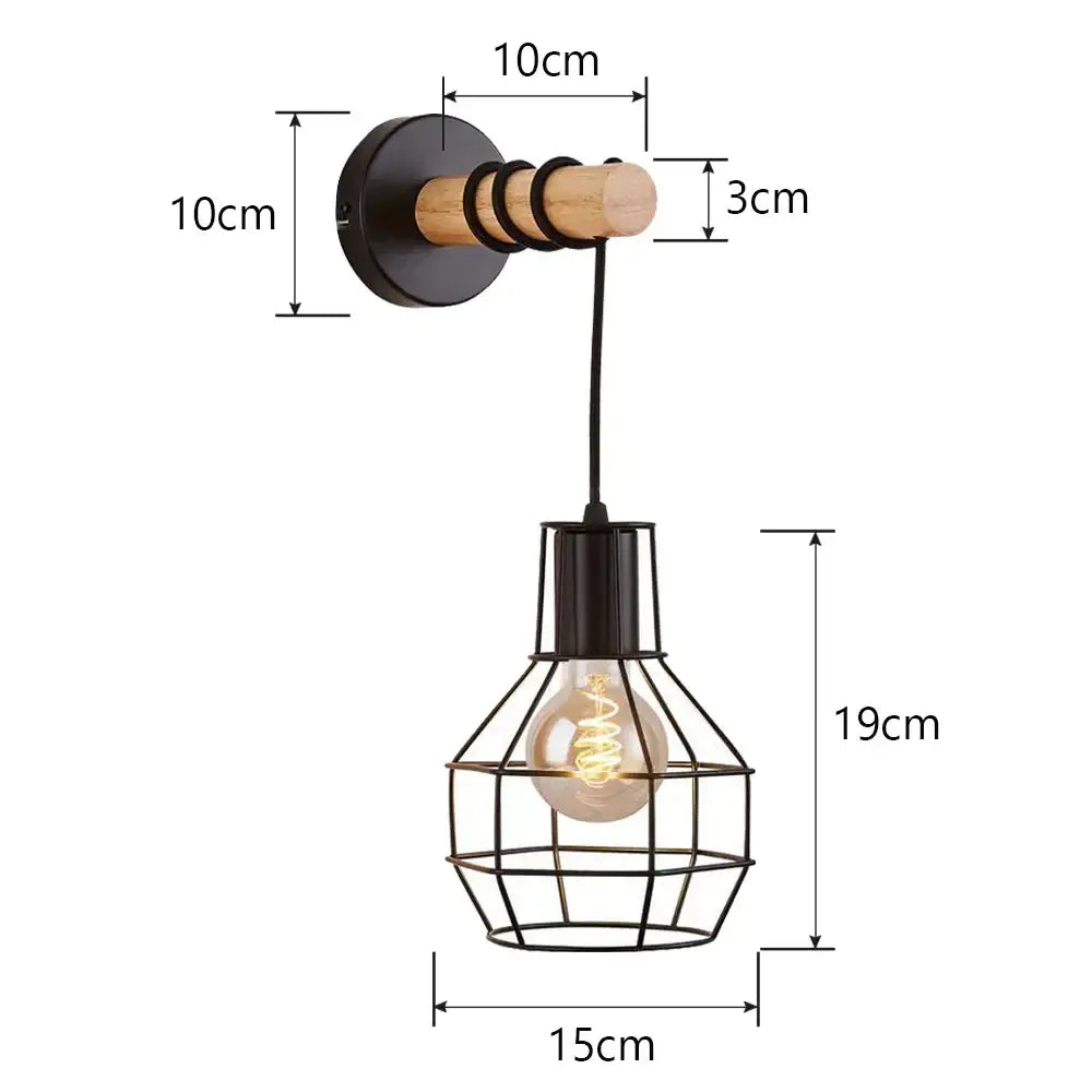 Rustic wood and iron wall sconce bedroom cage guard light