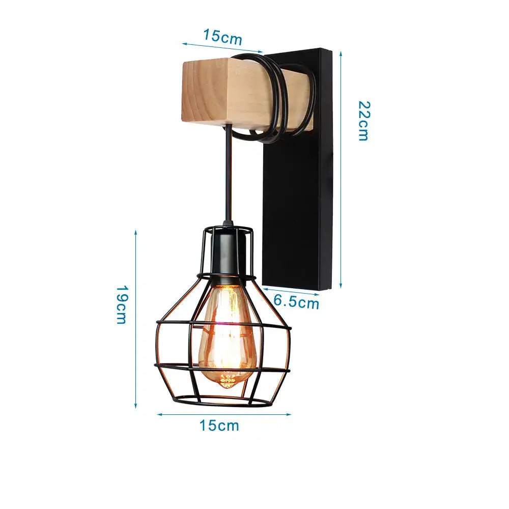 Rustic wood and iron wall sconce bedroom cage guard light
